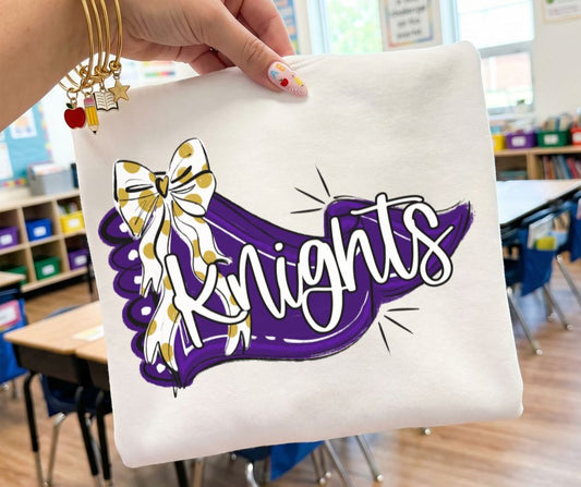 Knights - Purple/Vegas Gold (Scalloped Pennant Bow Accent Mascot) - DTF