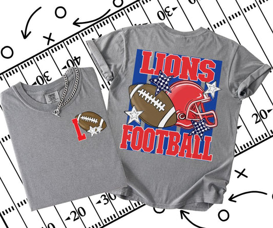 Lions - L - Red/Royal Blue (Football Stripes Mascot 2-in-1 front/back design) - DTF