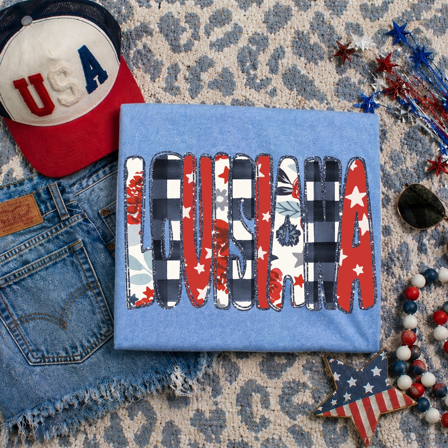 Louisiana (Glitter Floral Gingham and Stars Patriotic State) - DTF