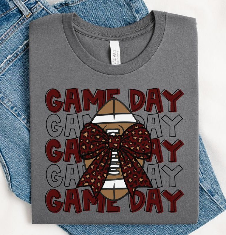 Game Day Football (Maroon with Leopard Bow) - DTF