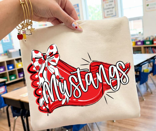 Mustangs - Red/White (Scalloped Pennant Bow Accent Mascot) - DTF