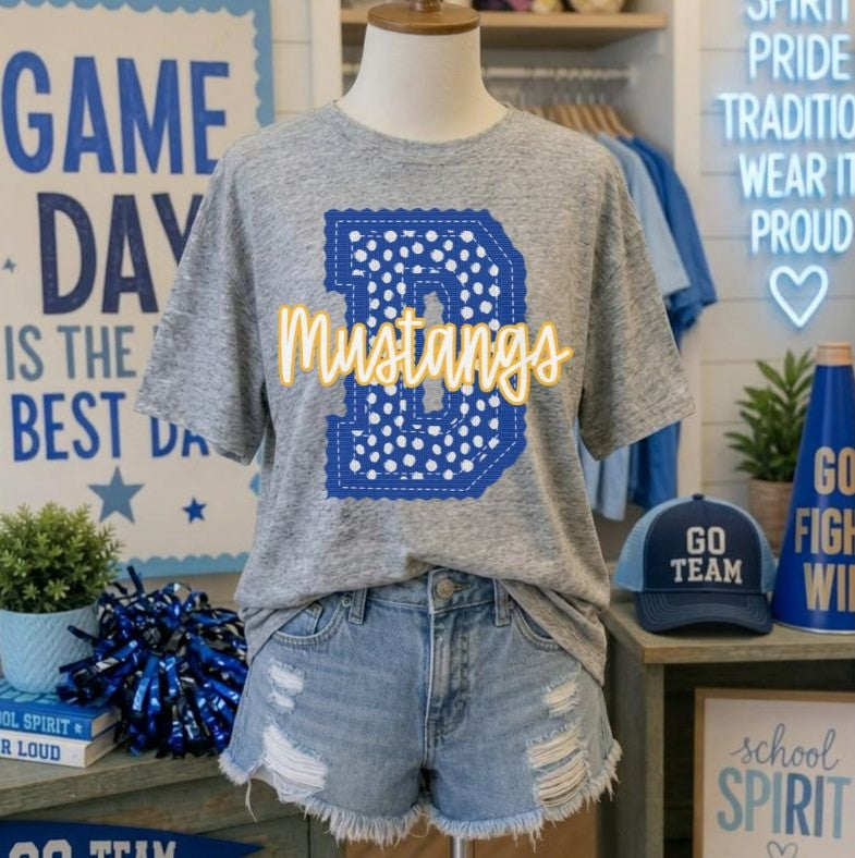 Mustangs - Royal Blue/Yellow Gold Letter D dots (Letterman Stitch Mascot) - DTF