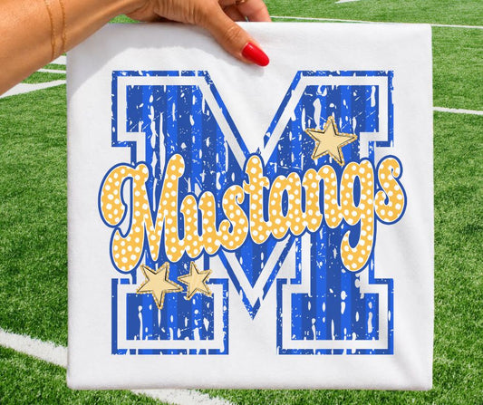 Mustangs - Royal Blue/Yellow Gold (Varsity Stripes & Dots Mascot) - DTF