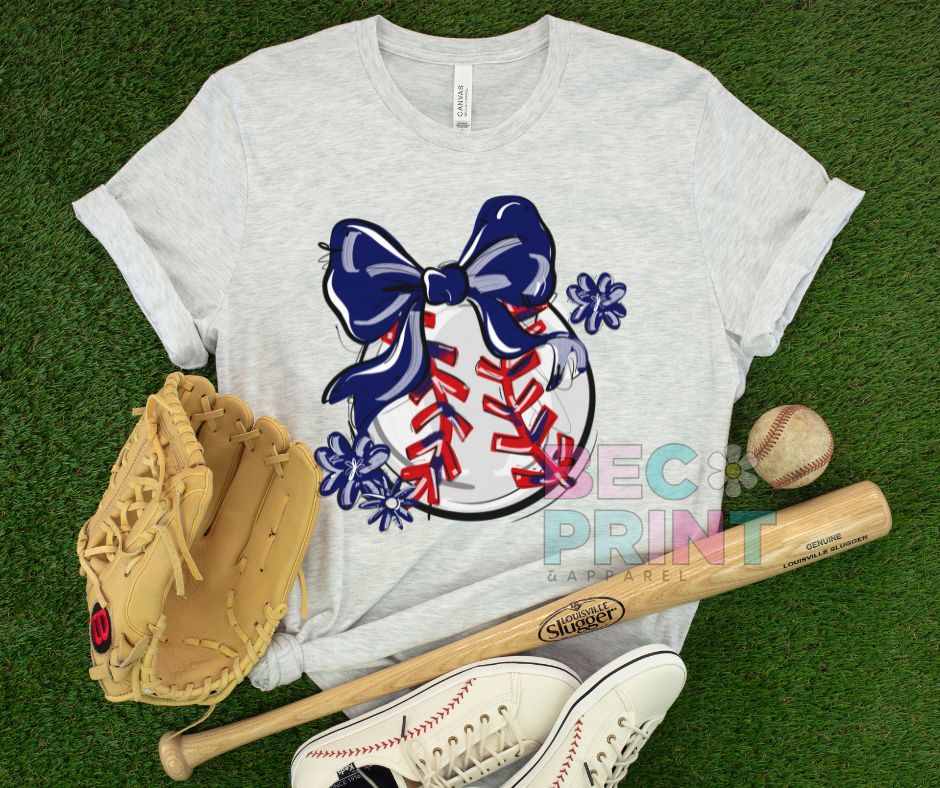 Play Ball Floral Bow - Navy (Baseball) - DTF