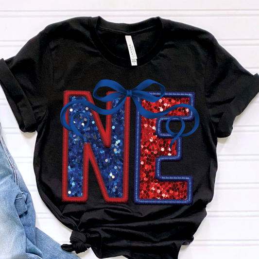 NE (Patriotic Bow State Abbrev. faux embroidered sequins) - DTF