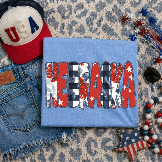 Nebraska (Glitter Floral Gingham and Stars Patriotic State) - DTF