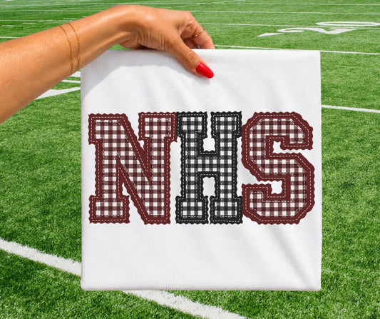 NHS - Maroon/Black gingham (Letterman Stitch School Letters) - DTF