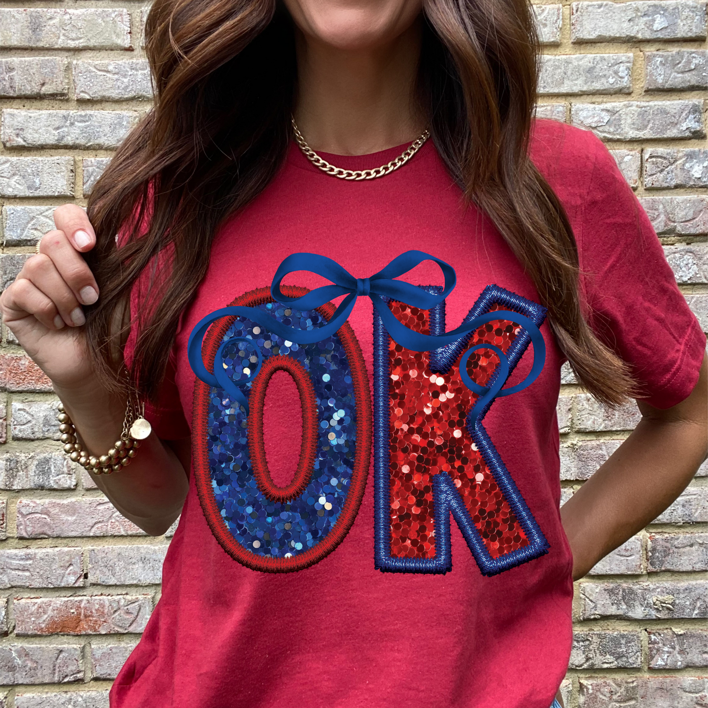 OK (Patriotic Bow State Abbrev. faux embroidered sequins) - DTF