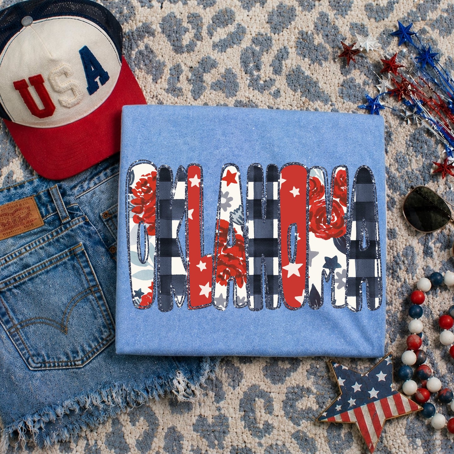 Oklahoma (Glitter Floral Gingham and Stars Patriotic State) - DTF