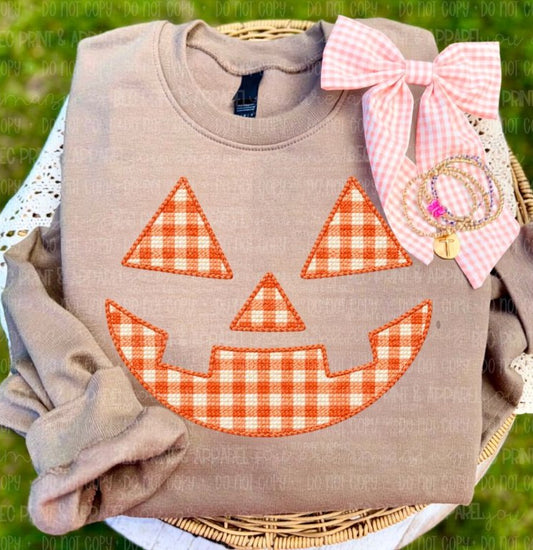 Orange Gingham Stitch Pumpkin Face - DTF