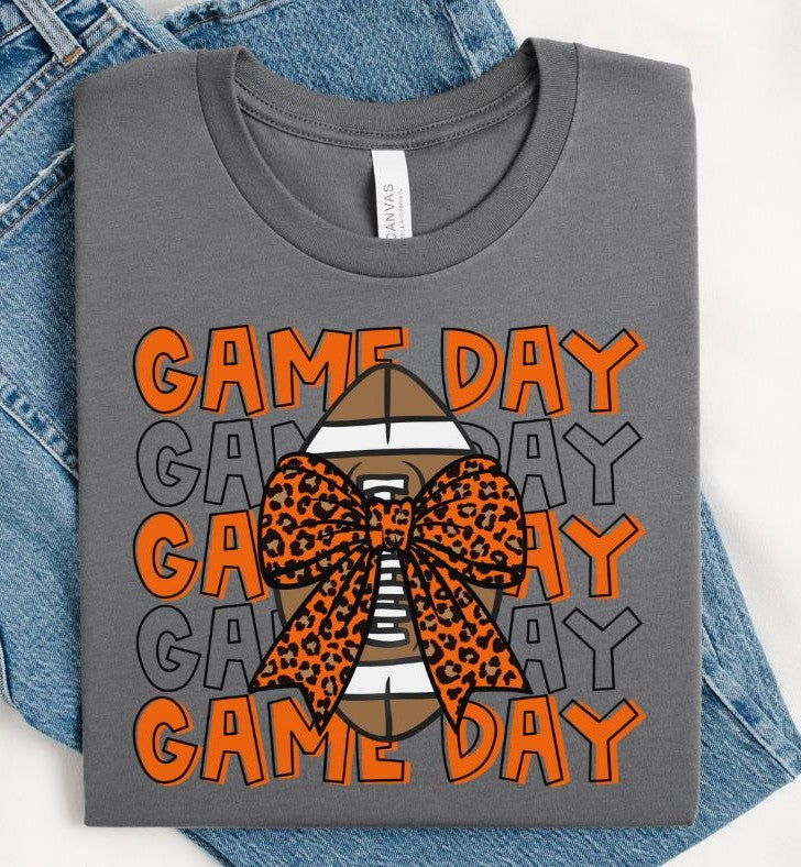 Game Day Football (Orange with Leopard Bow) - DTF