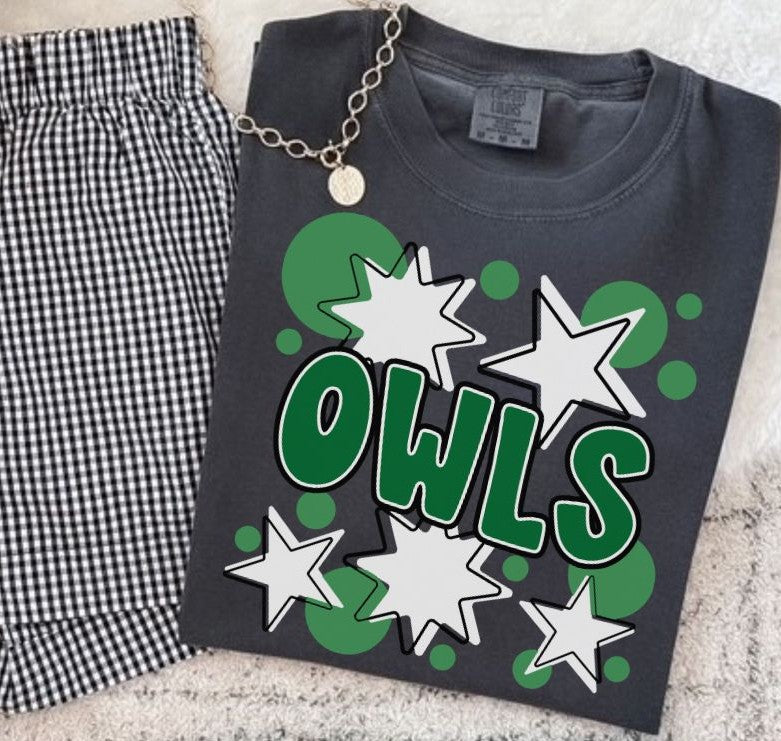 Owls - Kelly Green/White (Bubbles & Stars Mascot) - DTF