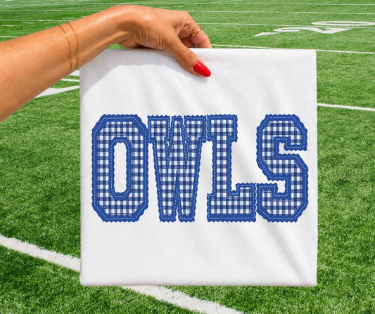 OWLS - Royal Blue gingham (Letterman Stitch School Letters) - DTF