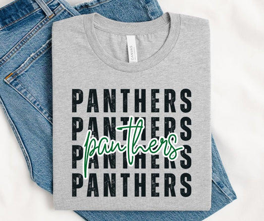 Panthers - Kelly Green/Black (Stacked Distressed Mascots) - DTF