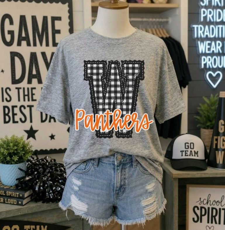 Panthers - Orange/Black Letter W gingham (Letterman Stitch Mascot) - DTF