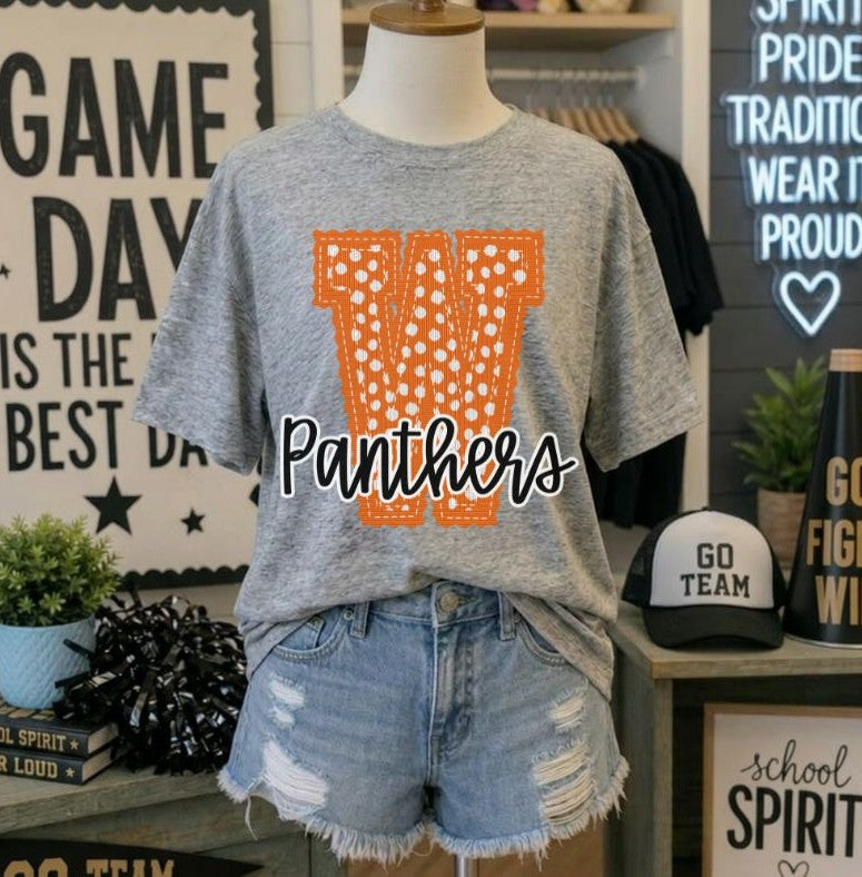 Panthers - Orange/Black Letter W dots (Letterman Stitch Mascot) - DTF