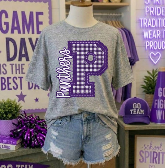 Panthers - Purple Letter P gingham (Letterman Stitch Mascot) - DTF