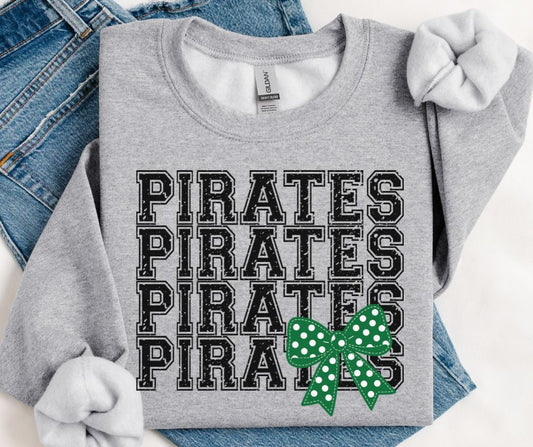 Pirates - Black/Kelly Green (Distressed Stacked Mascot Bow) - DTF