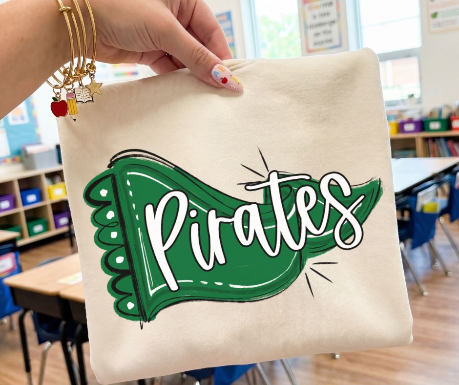 Pirates - Kelly Green/White/No Bow (Scalloped Pennant Bow Accent Mascot) - DTF