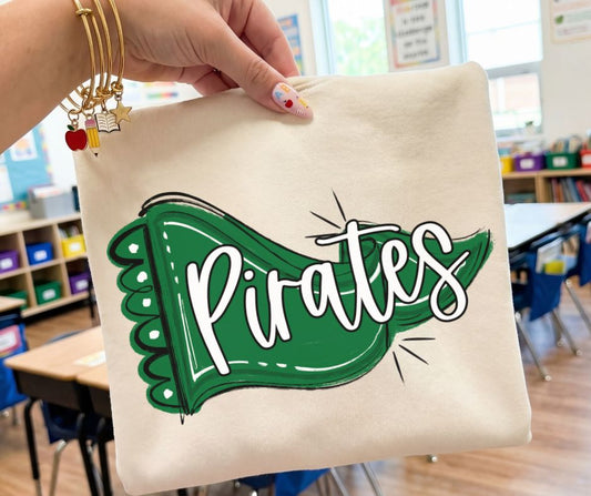 Pirates - Kelly Green/White/No Bow (Scalloped Pennant Bow Accent Mascot) - DTF