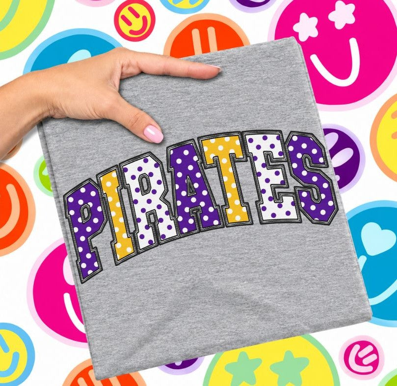 Pirates - Purple/Yellow Gold (Sketched Arch Polka Dot Mascots) - DTF
