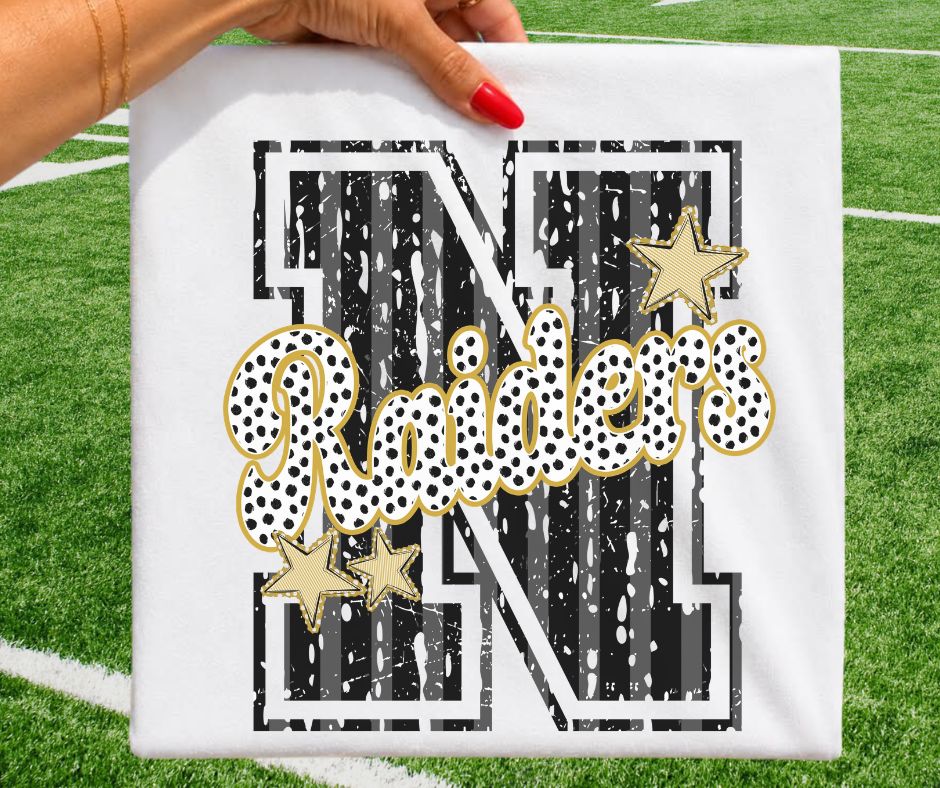 Raiders - Black/Vegas Gold (Varsity Stripes & Dots Mascot) - DTF