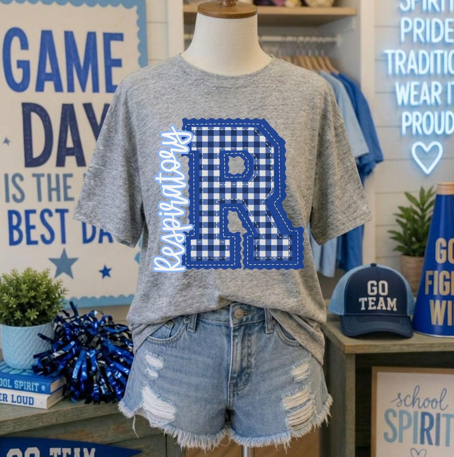 Respiratory - Royal Blue/Columbia Blue Letter R gingham (Letterman Stitch Mascot) - DTF