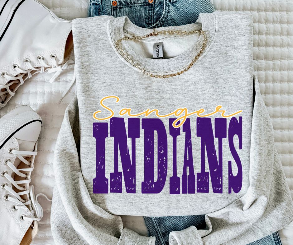 Indians - Sanger Purple/Yellow Gold (Mixed Up Mascot) - DTF