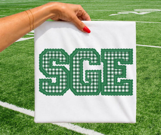 SGE - Kelly Green Gingham (Letterman Stitch School Letters) - DTF