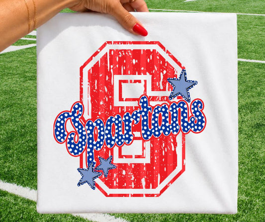 Spartans - Red/Royal Blue (Varsity Stripes & Dots Mascot) - DTF