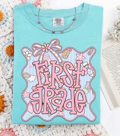 First Grade (Seersucker Grade Level/School Staff Frame) - DTF