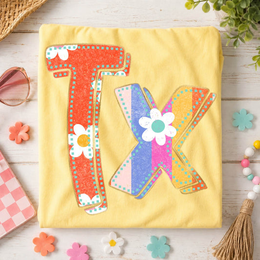 Texas (Flower Power Distressed Doodle State) - DTF