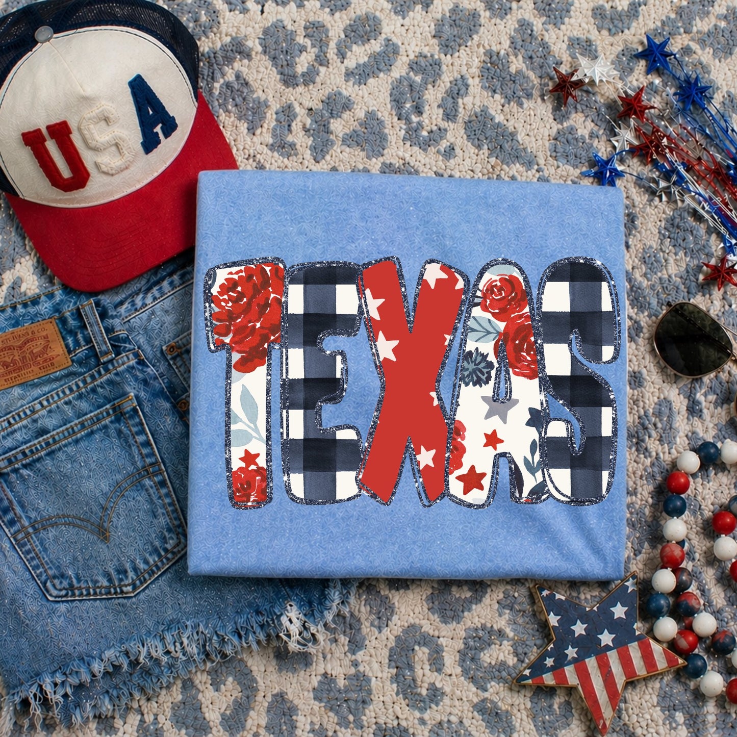 Texas (Glitter Floral Gingham and Stars Patriotic State) - DTF