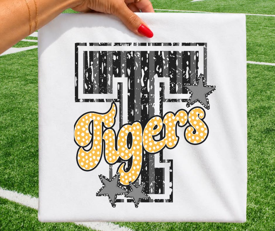 Tigers - Black/Yellow Gold (Varsity Stripes & Dots Mascot) - DTF