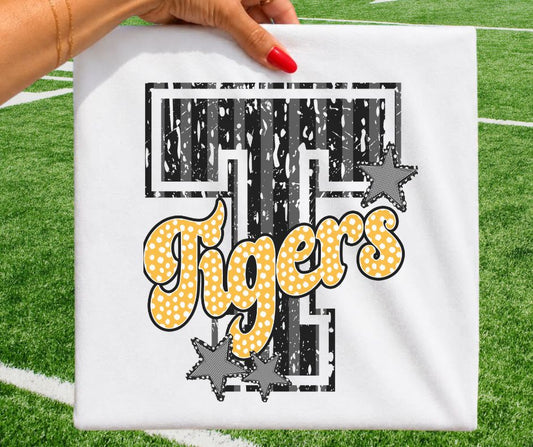 Tigers - Black/Yellow Gold (Varsity Stripes & Dots Mascot) - DTF