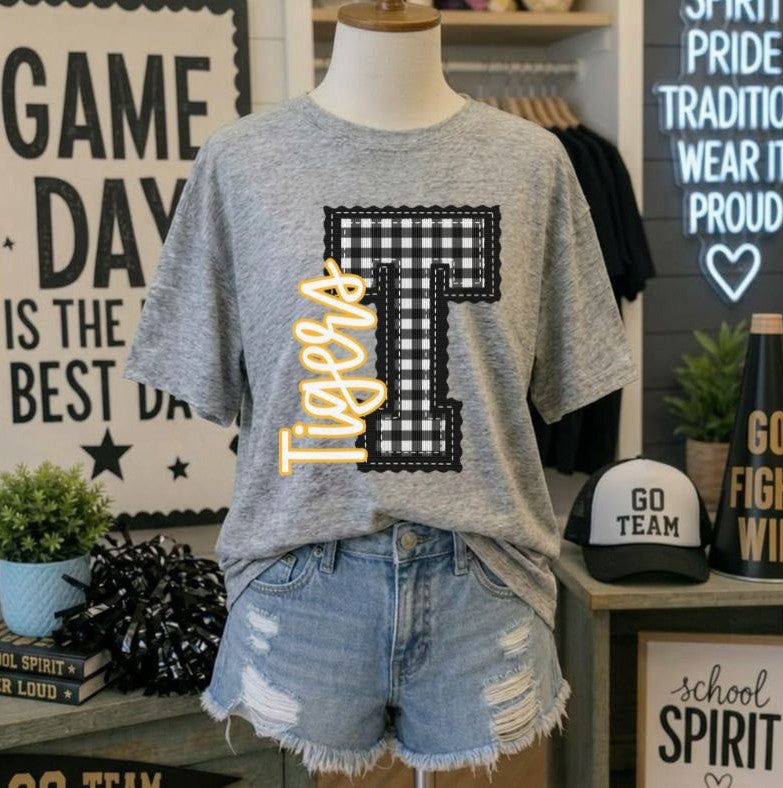 Tigers - Yellow Gold/Black Letter T gingham (Letterman Stitch Mascot) - DTF