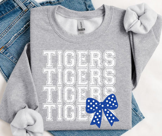 Tigers - White/Royal Blue (Distressed Stacked Mascot Bow) - DTF