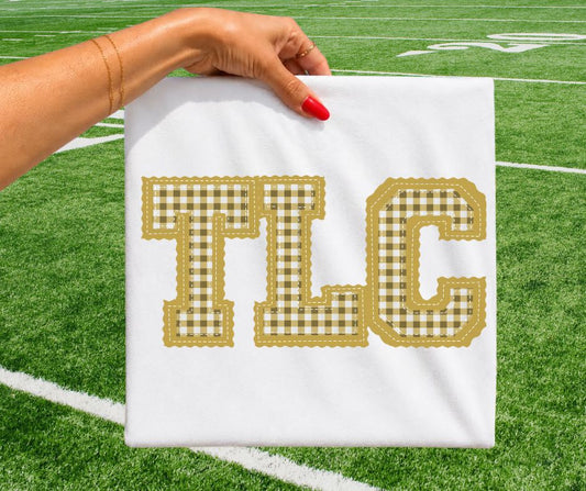 TLC - Vegas Gold gingham (Letterman Stitch School Letters) - DTF