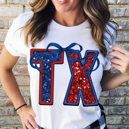 TX (Patriotic Bow State Abbrev. faux embroidered sequins) - DTF