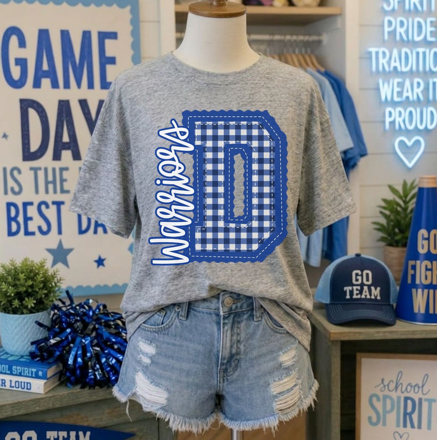 Warriors - Royal Blue Letter D gingham (Letterman Stitch Mascot) - DTF