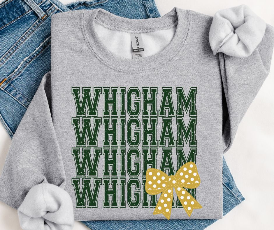 Whigham - Dark Green/Vegas Gold (Distressed Stacked Mascot Bow) - DTF