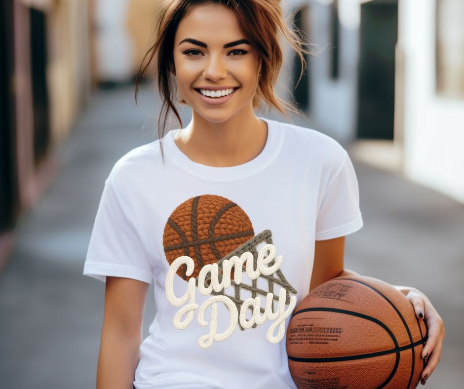 Game Day Basketball (White - Faux Yarn) - DTF