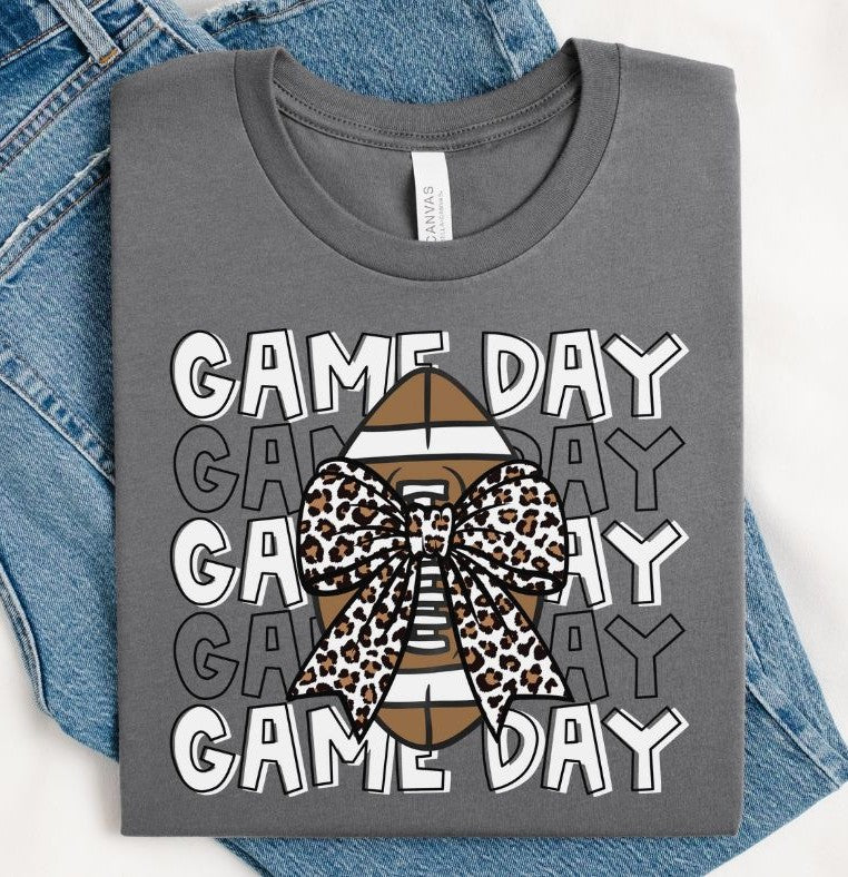 Game Day Football (White with Leopard Bow) - DTF