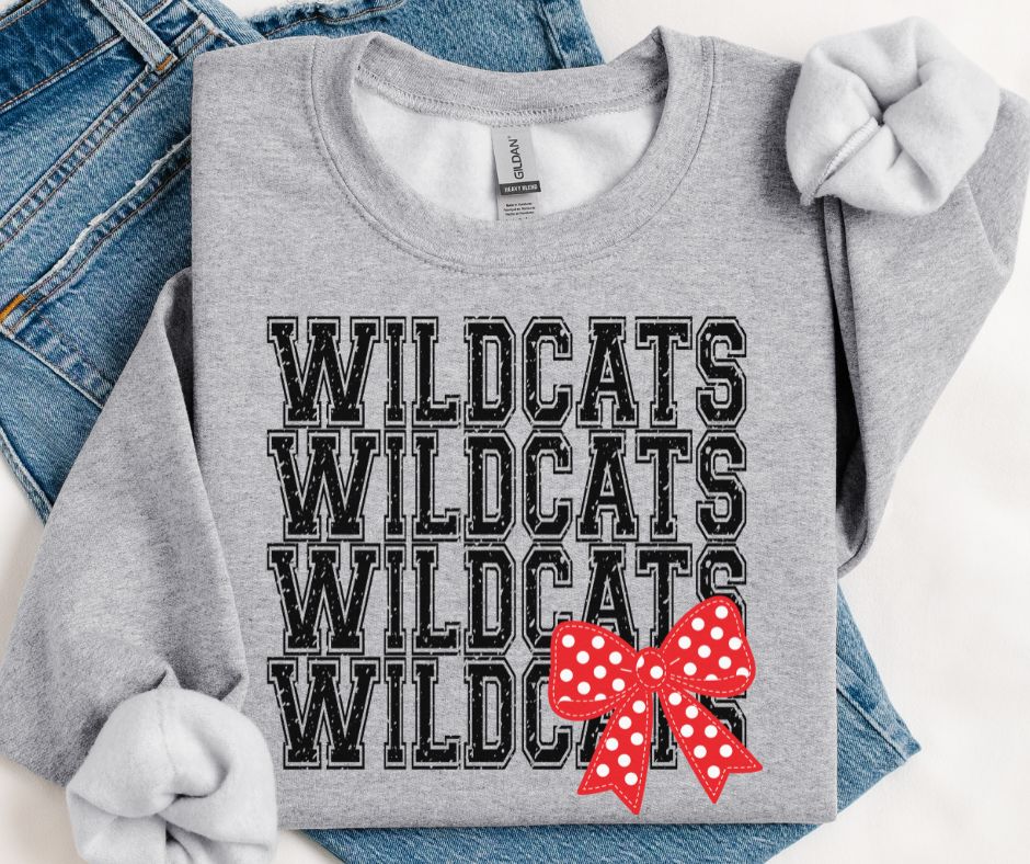 Wildcats - Black/Red (Distressed Stacked Mascot Bow) - DTF