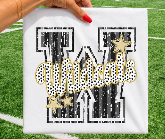 Wildcats - Black/Vegas Gold (Varsity Stripes & Dots Mascot) - DTF