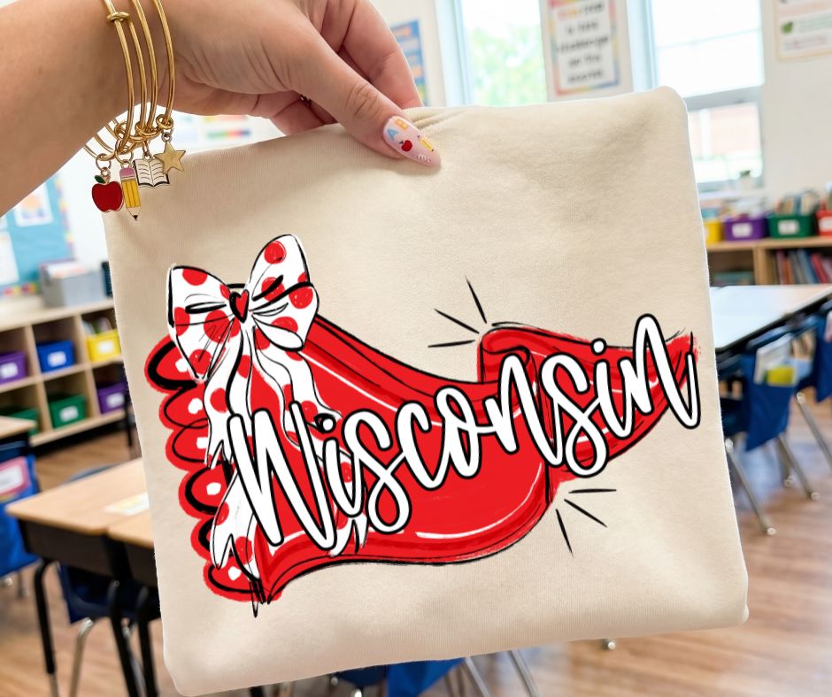Wisconsin - Red/White (Scalloped Pennant Bow Accent Mascot) - DTF