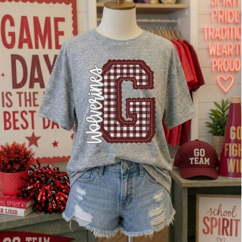 Wolverines - Maroon Letter G gingham (Letterman Stitch Mascot) - DTF