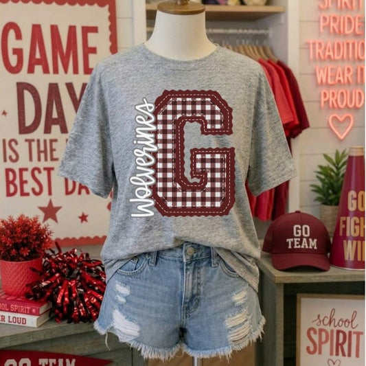 Wolverines - Maroon Letter G gingham (Letterman Stitch Mascot) - DTF