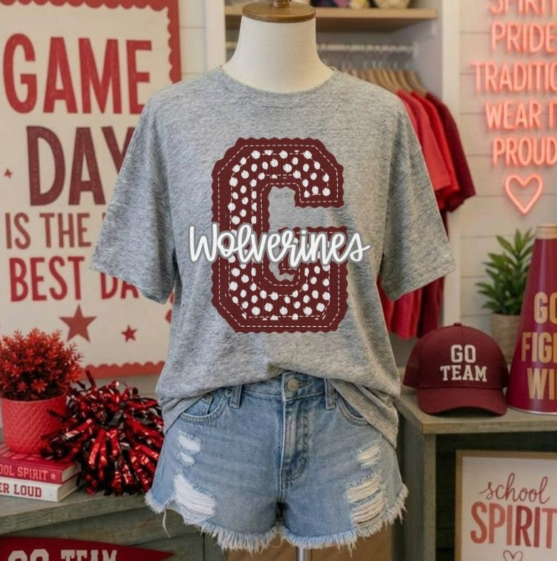 Wolverines - Maroon Letter G dots (Letterman Stitch Mascot) - DTF