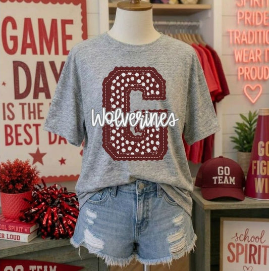 Wolverines - Maroon Letter G dots (Letterman Stitch Mascot) - DTF